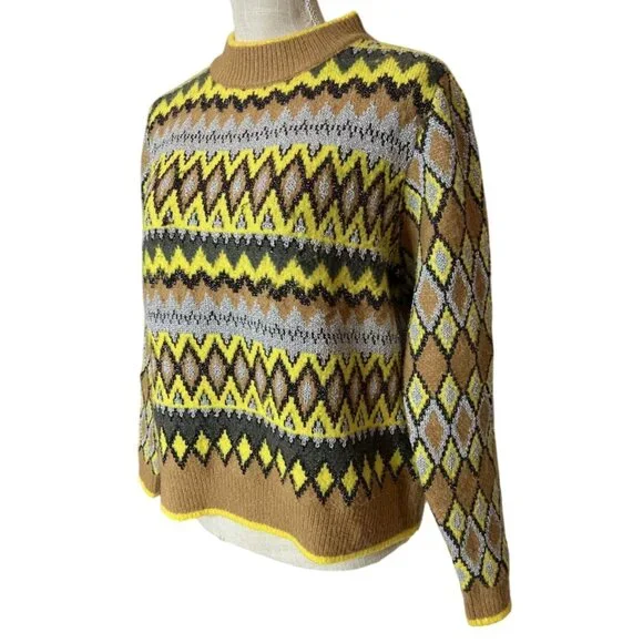 Zara Knit Geometric Diamond & Chevron Pattern Sweater Yellow/Brown L - Picture 2 of 5